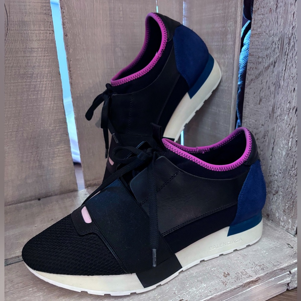 Balenciaga Race Runner - Black, Pink & Blue Slip On Sneakers